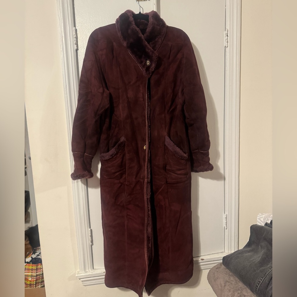 Long Burgundy Shearling Coat - Women's Suede Winter Coat